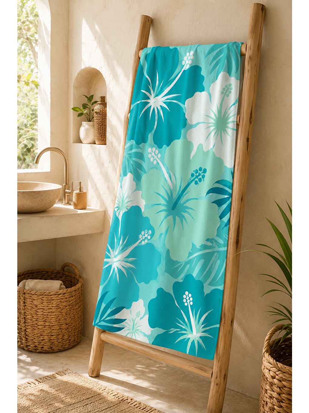 Turkuaz Hibiskus Çiçek Desenli 70x150 Plaj Havlusu-4