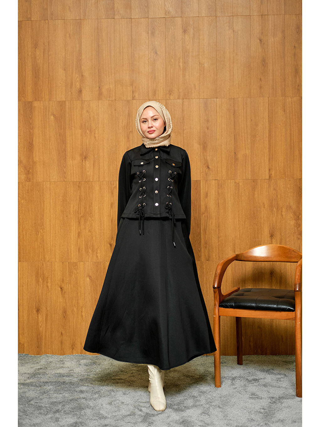 Kadın Menra Kuşgözü Detaylı Takım Siyah-3