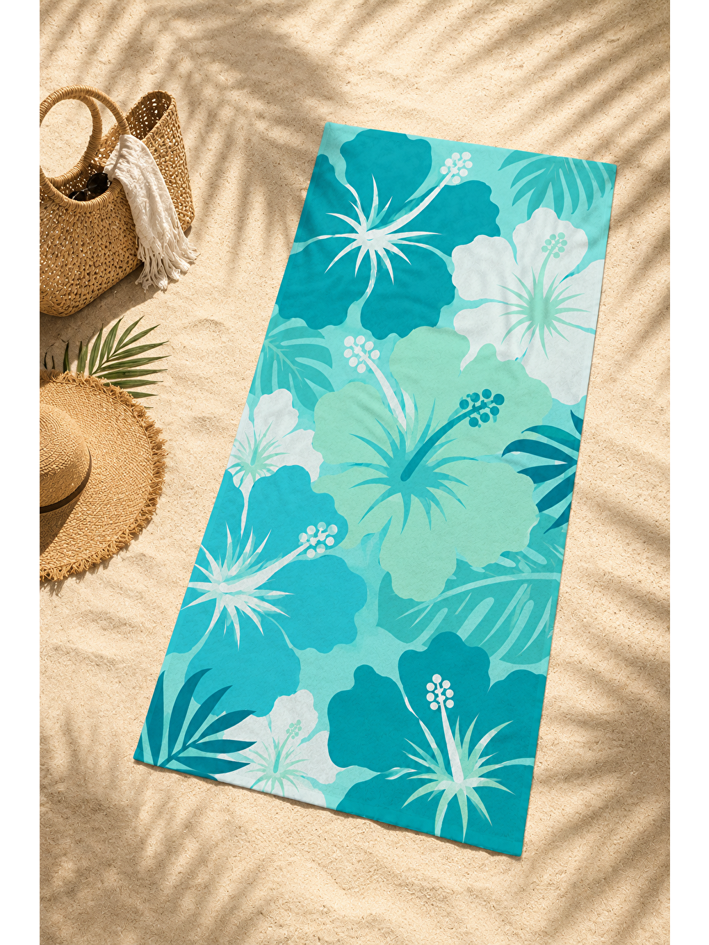 Turkuaz Hibiskus Çiçek Desenli 70x150 Plaj Havlusu-5