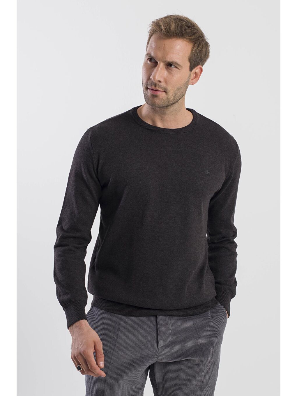 Antrasit Slim Fit Bisiklet Yaka Triko Kazak-1