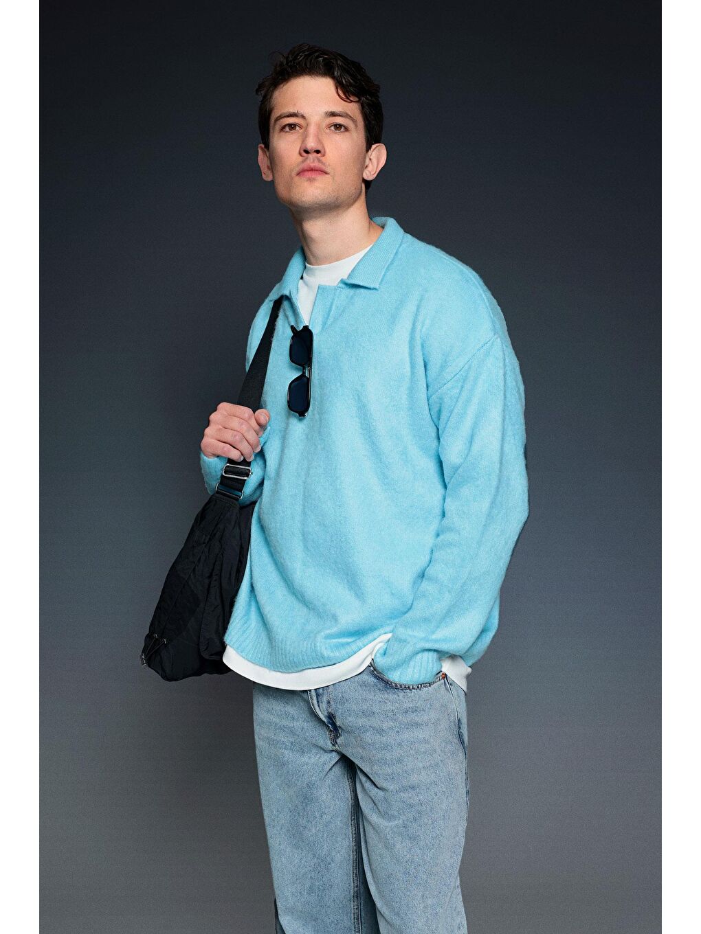 Erkek Polo Yaka Yumuşak Dokulu Oversize Kazak Bebek Mavi-1