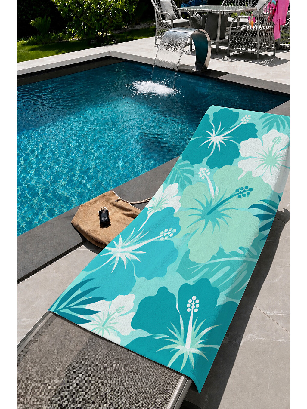 Turkuaz Hibiskus Çiçek Desenli 70x150 Plaj Havlusu-6