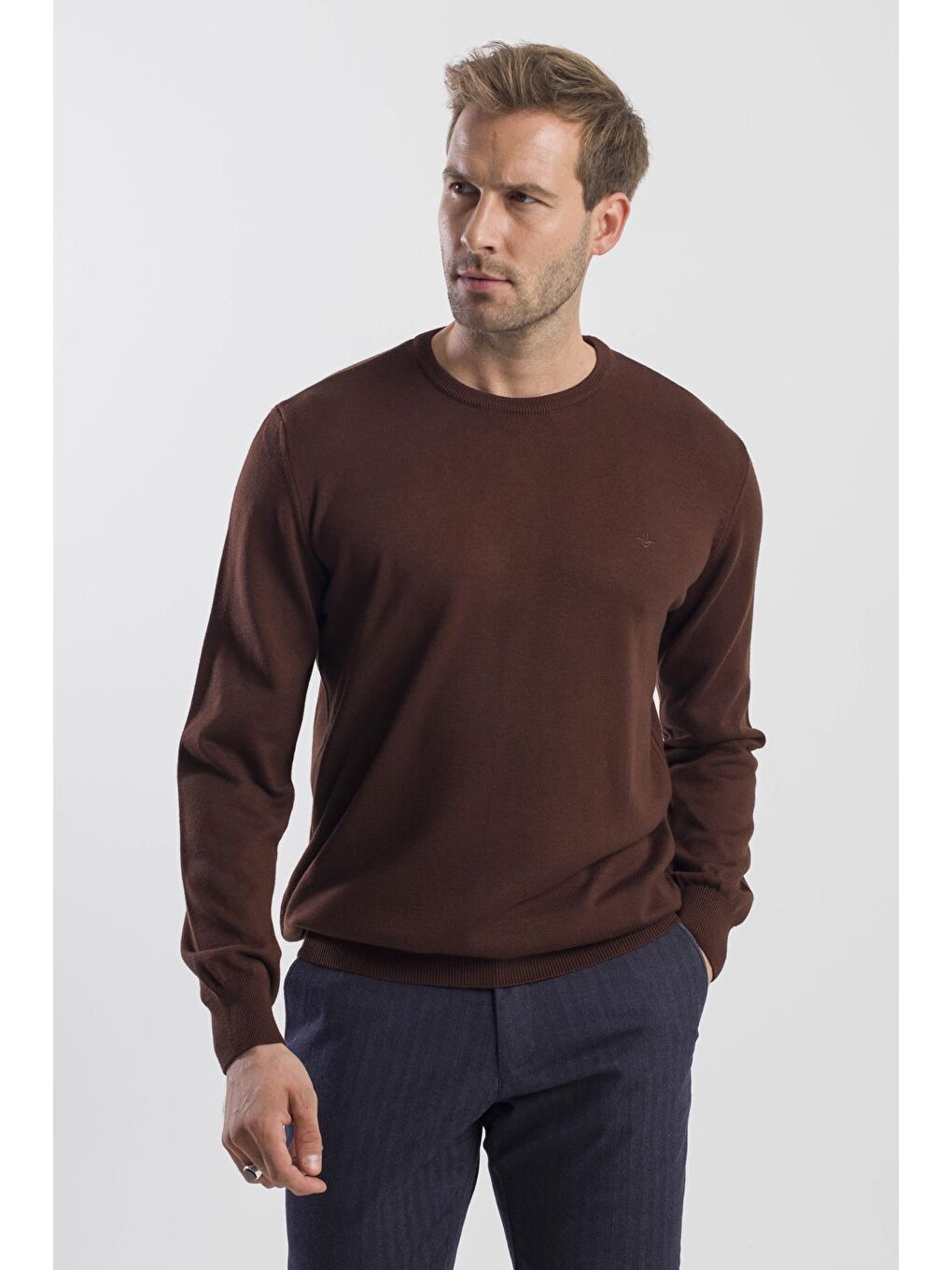 Kahverengi Kahve Slim Fit Bisiklet Yaka Triko Kazak-1