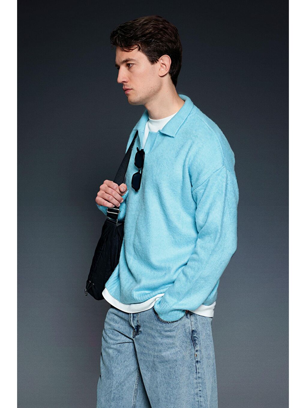 Erkek Polo Yaka Yumuşak Dokulu Oversize Kazak Bebek Mavi-2