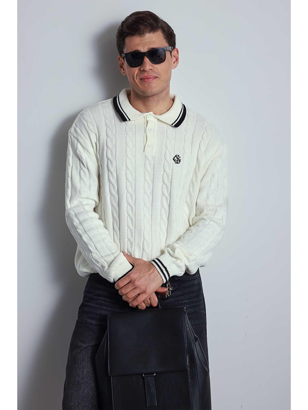 Erkek Oversize Polo Yaka Örgü Desenli Triko Kazak Ekru