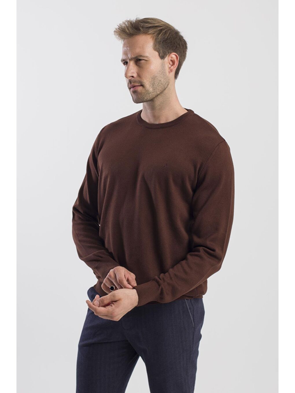 Kahverengi Kahve Slim Fit Bisiklet Yaka Triko Kazak-2