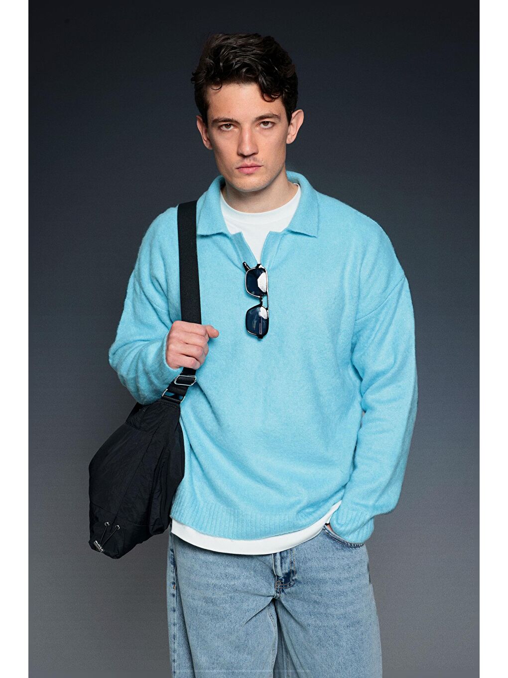 Erkek Polo Yaka Yumuşak Dokulu Oversize Kazak Bebek Mavi-3