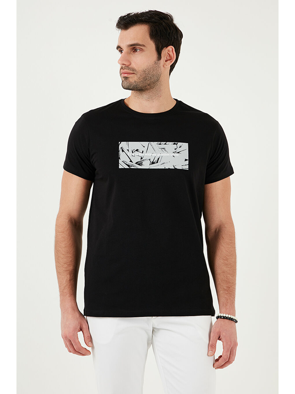 Siyah Pamuklu Slim Fit Bisiklet Yaka Baskılı %100 Pamuk Tişört 541TOLIve-3