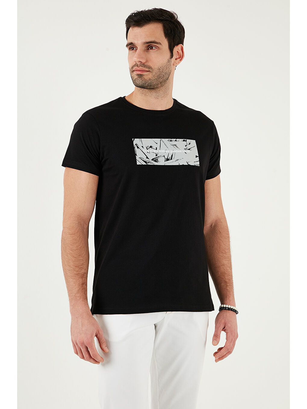 Siyah Pamuklu Slim Fit Bisiklet Yaka Baskılı %100 Pamuk Tişört 541TOLIve-4