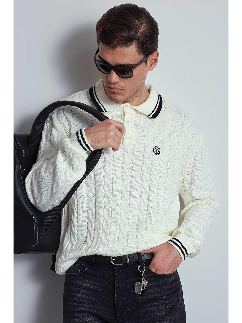 Erkek Oversize Polo Yaka Örgü Desenli Triko Kazak Ekru-1