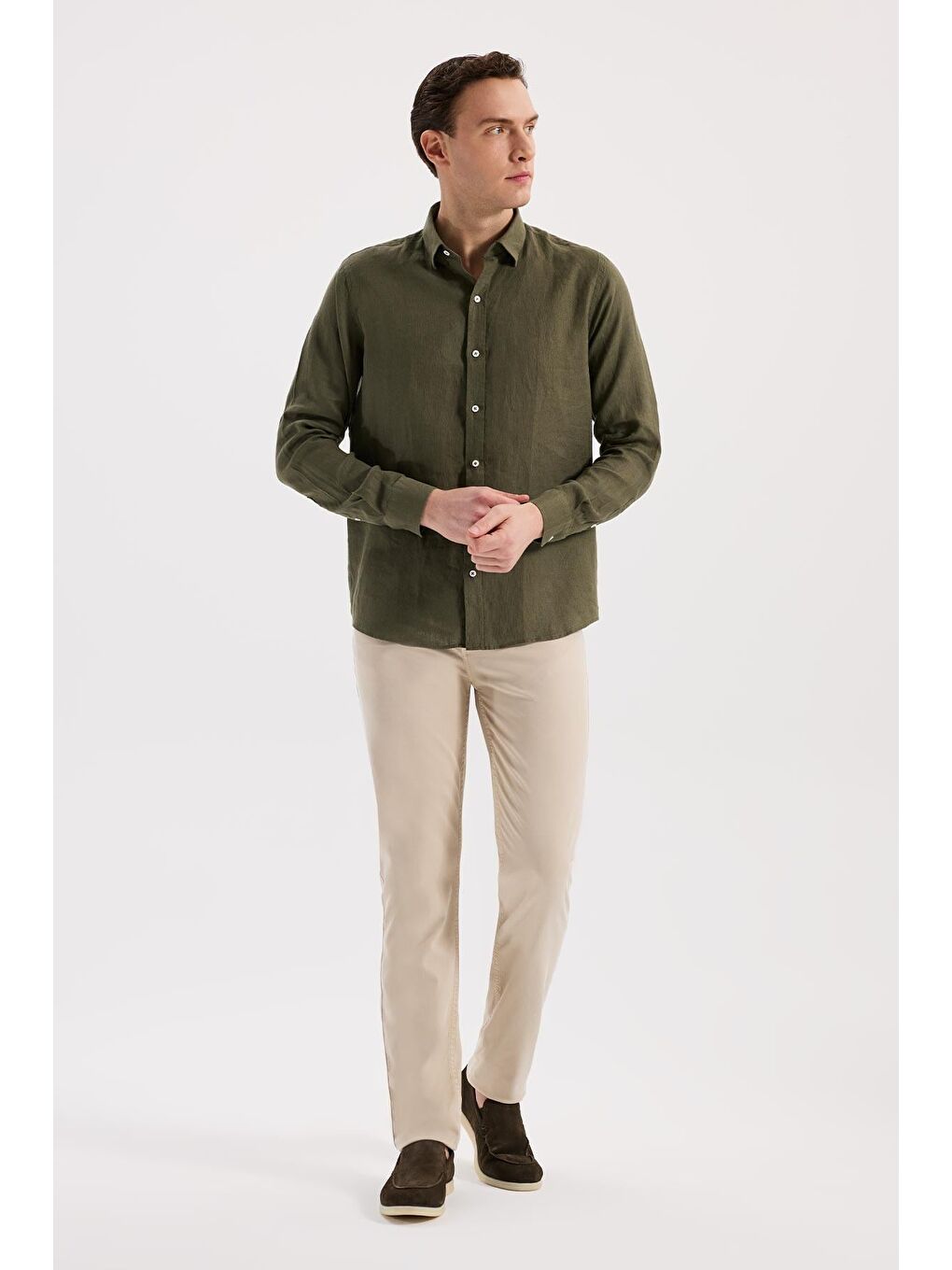 Haki Comfort Fit %100 Keten Gömlek-1
