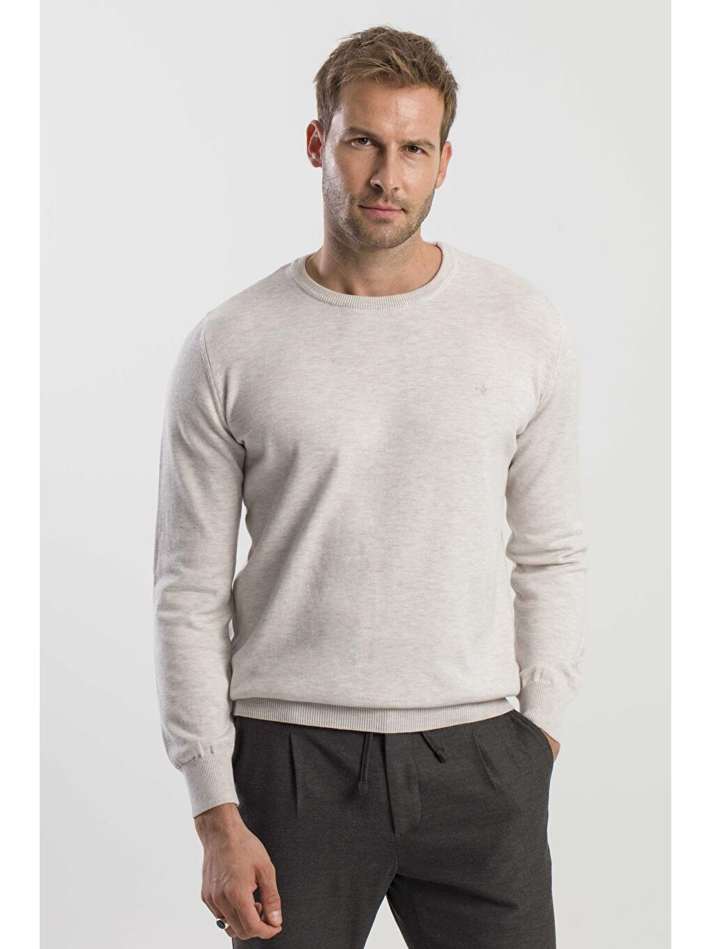 Bej Slim Fit Bisiklet Yaka Triko Kazak