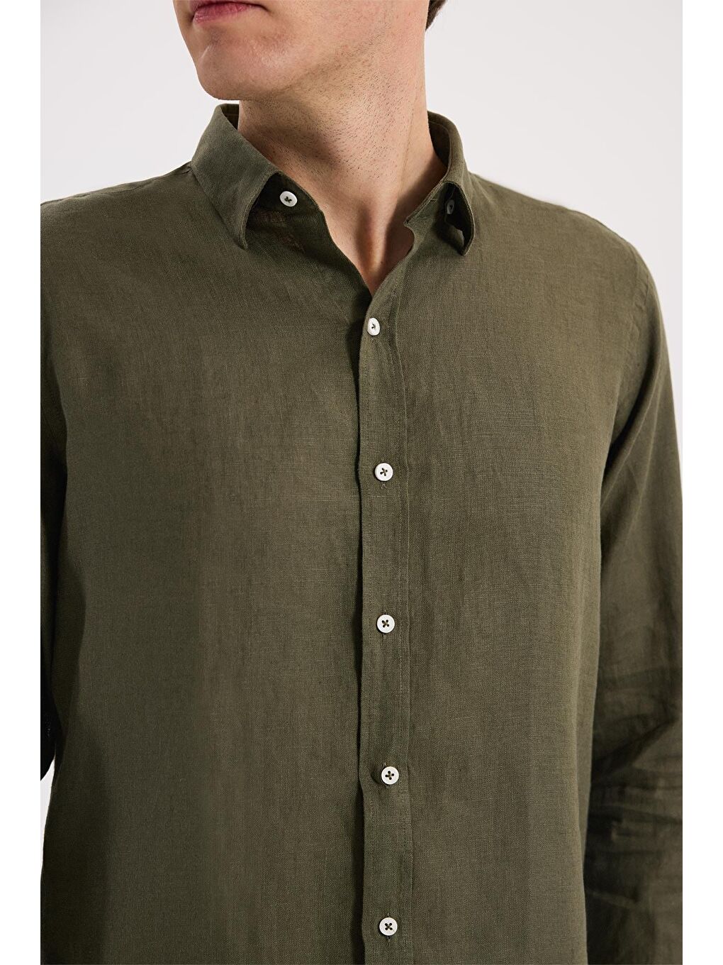 Haki Comfort Fit %100 Keten Gömlek-2