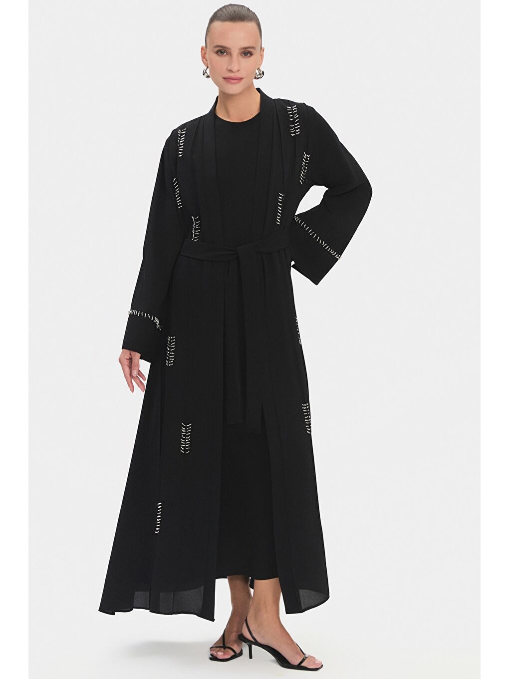 Siyah Kadın Bisiklet Yaka Işleme Detaylı Belden Bağlamalı Abaya