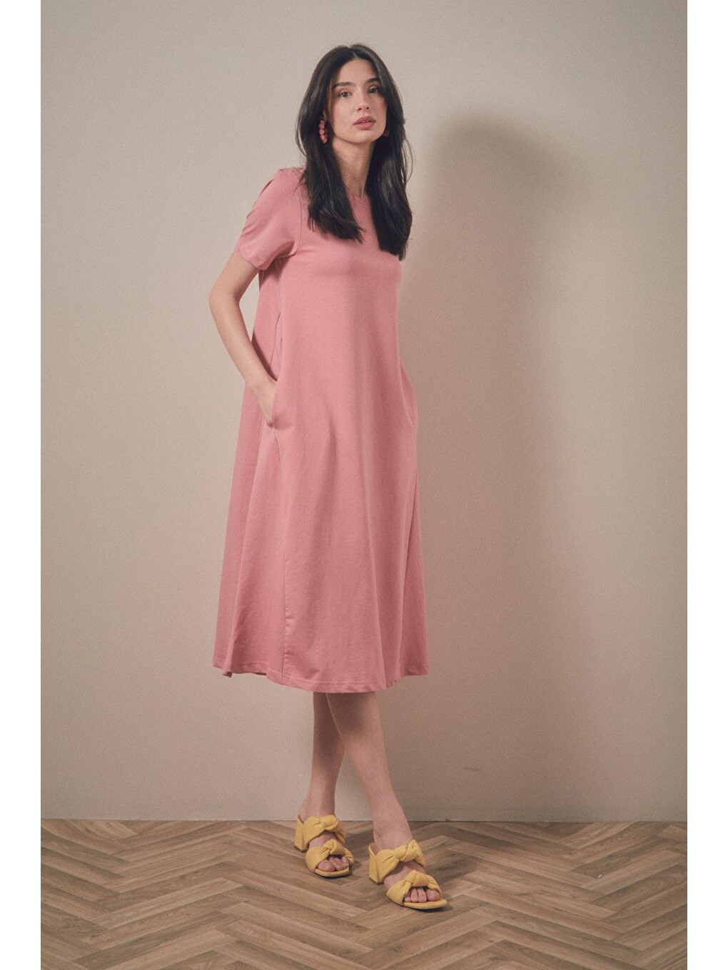 Pembe Basic Gizli Cepli Elbise