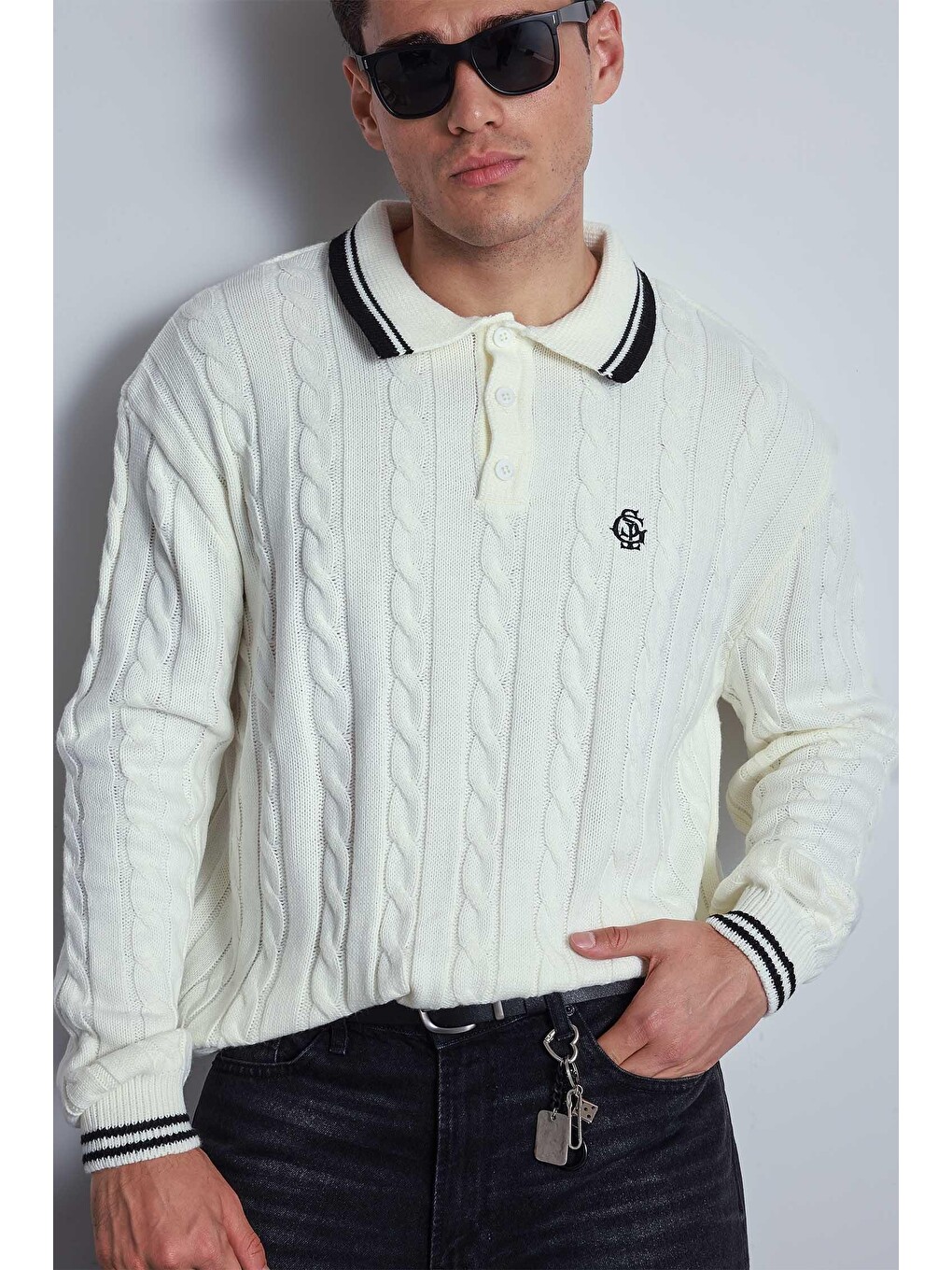 Erkek Oversize Polo Yaka Örgü Desenli Triko Kazak Ekru-2