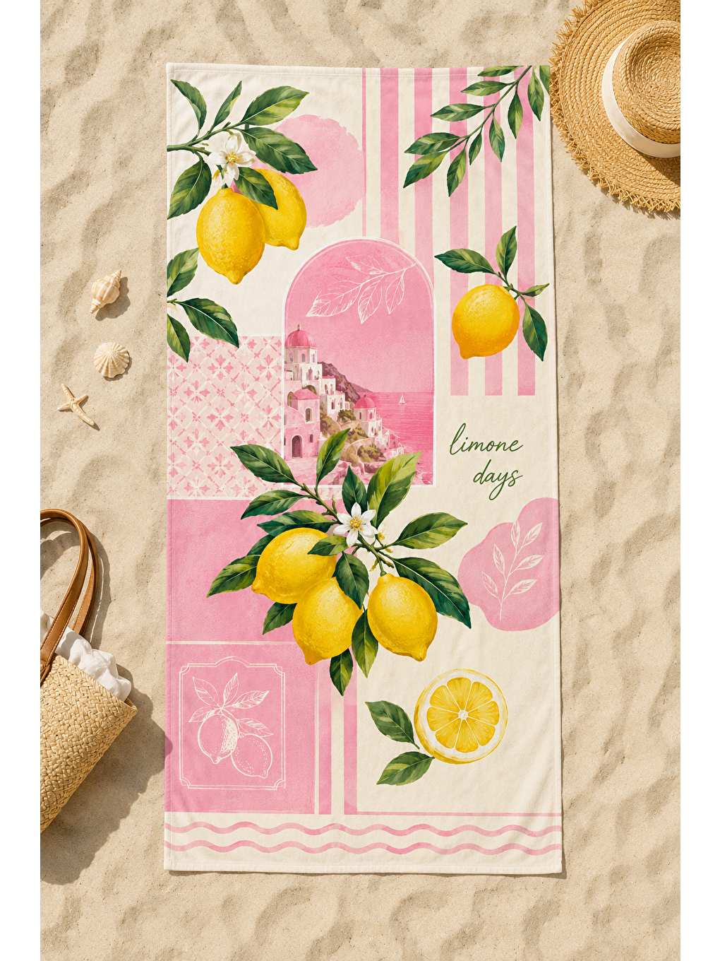Limon Ve Pembe Çiçek Desenli 70x150 Plaj Havlusu-1