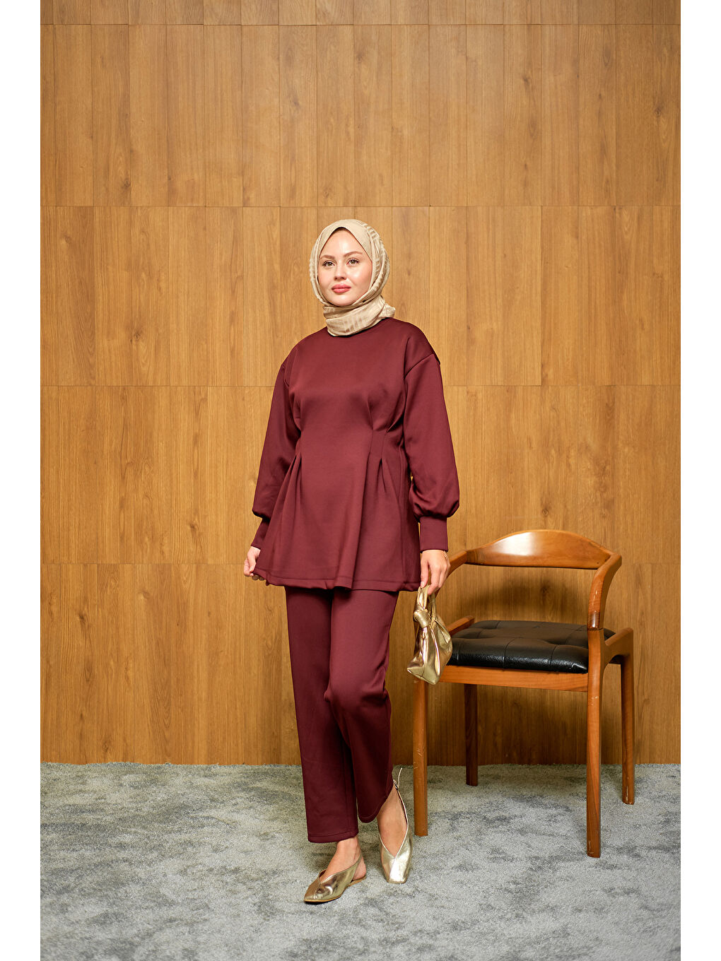 Kadın Önden Pileli Takım Bordo-3