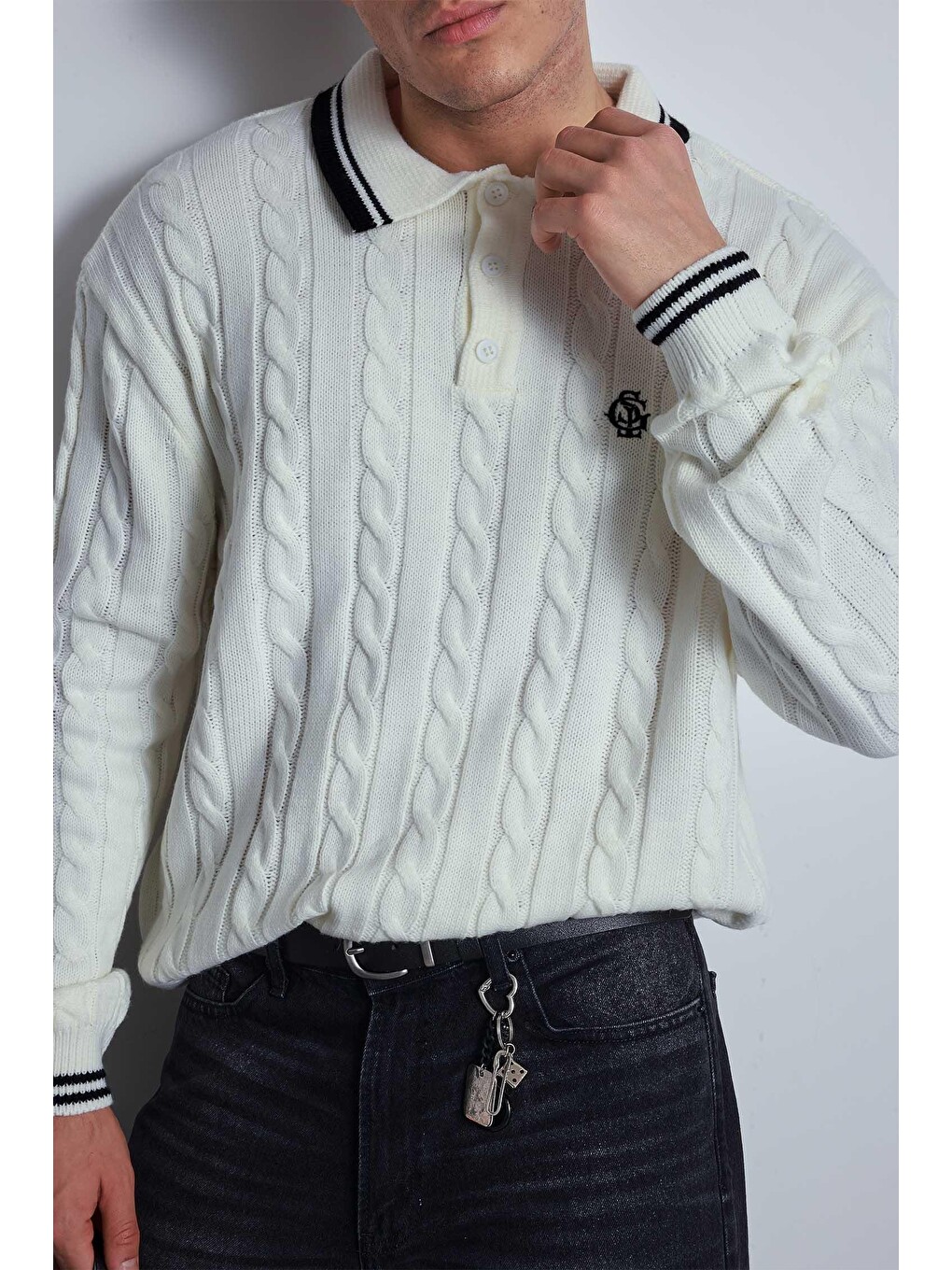 Erkek Oversize Polo Yaka Örgü Desenli Triko Kazak Ekru-3