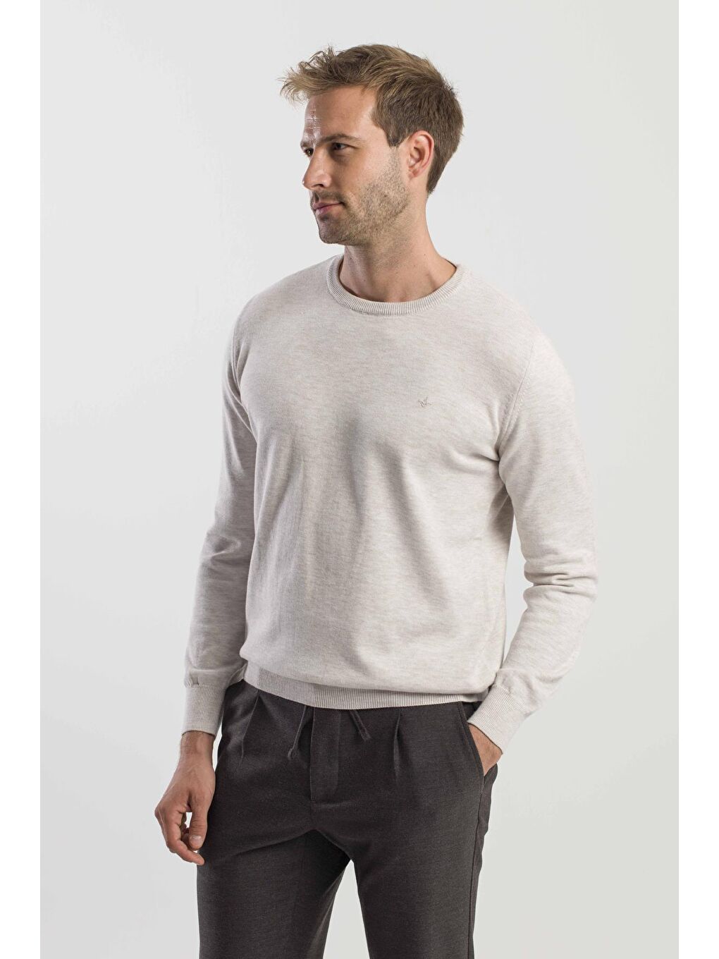 Bej Slim Fit Bisiklet Yaka Triko Kazak-2