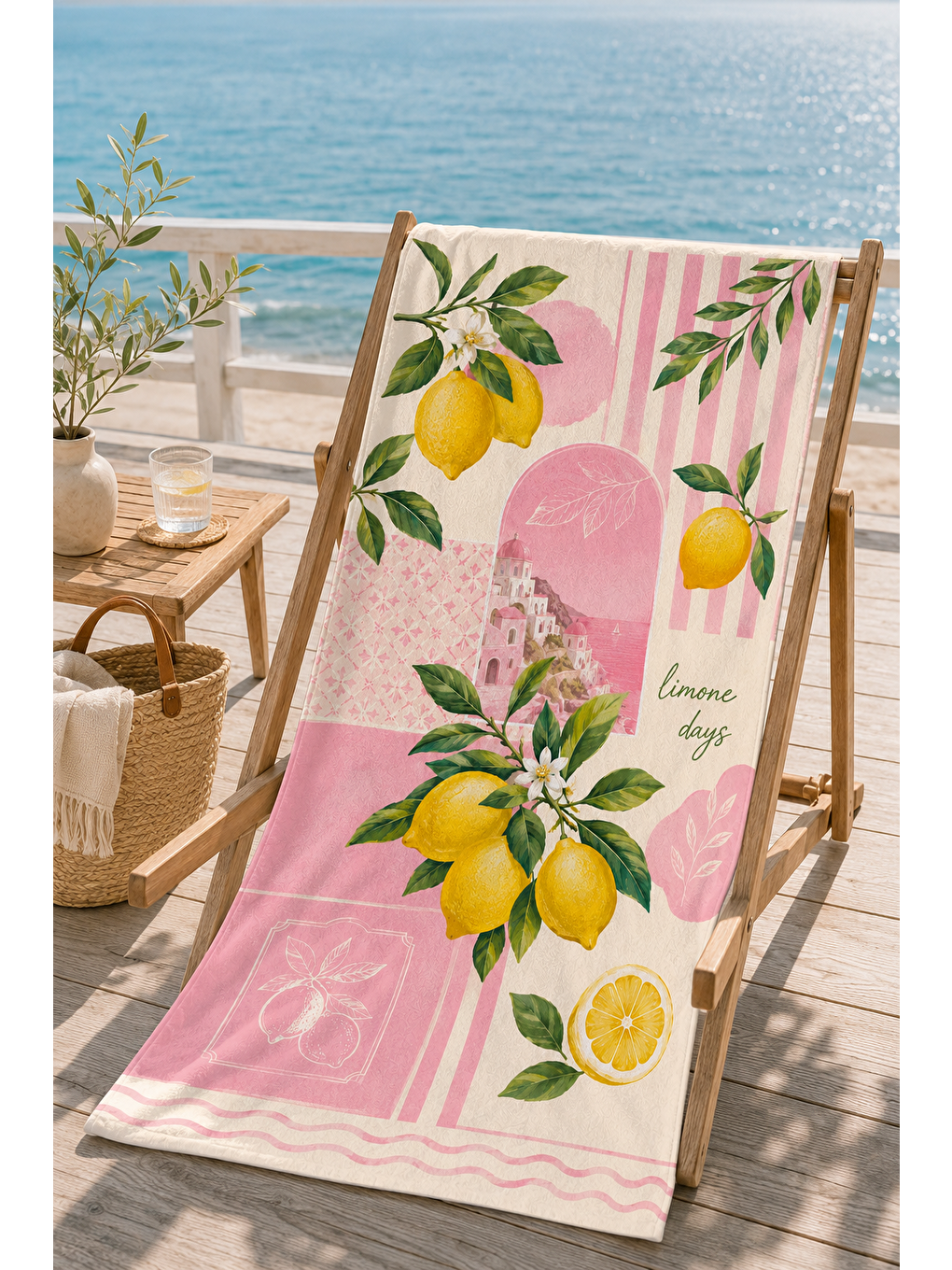 Limon Ve Pembe Çiçek Desenli 70x150 Plaj Havlusu-2