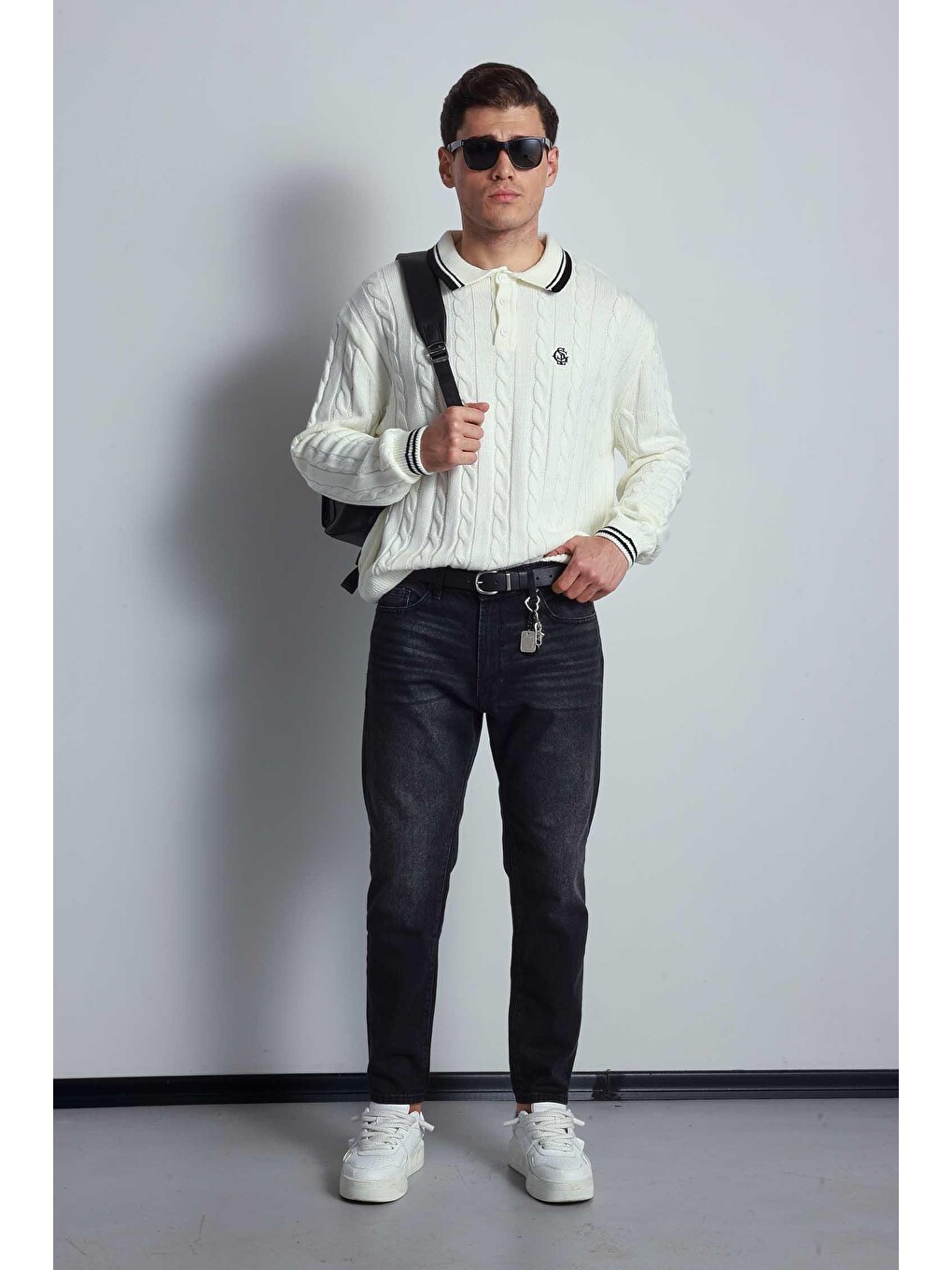 Erkek Oversize Polo Yaka Örgü Desenli Triko Kazak Ekru-4