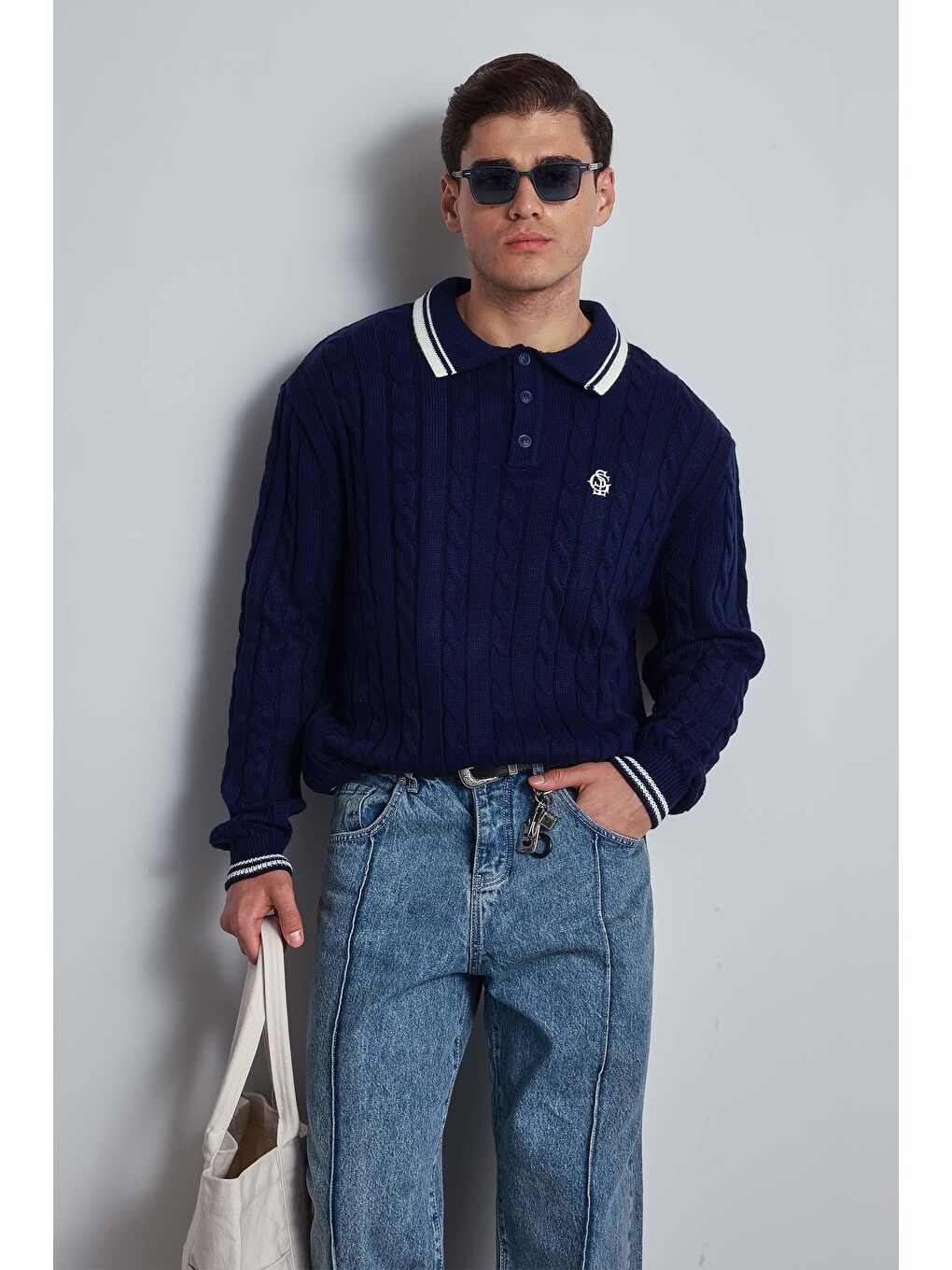 Erkek Oversize Polo Yaka Örgü Desenli Triko Kazak Lacivert