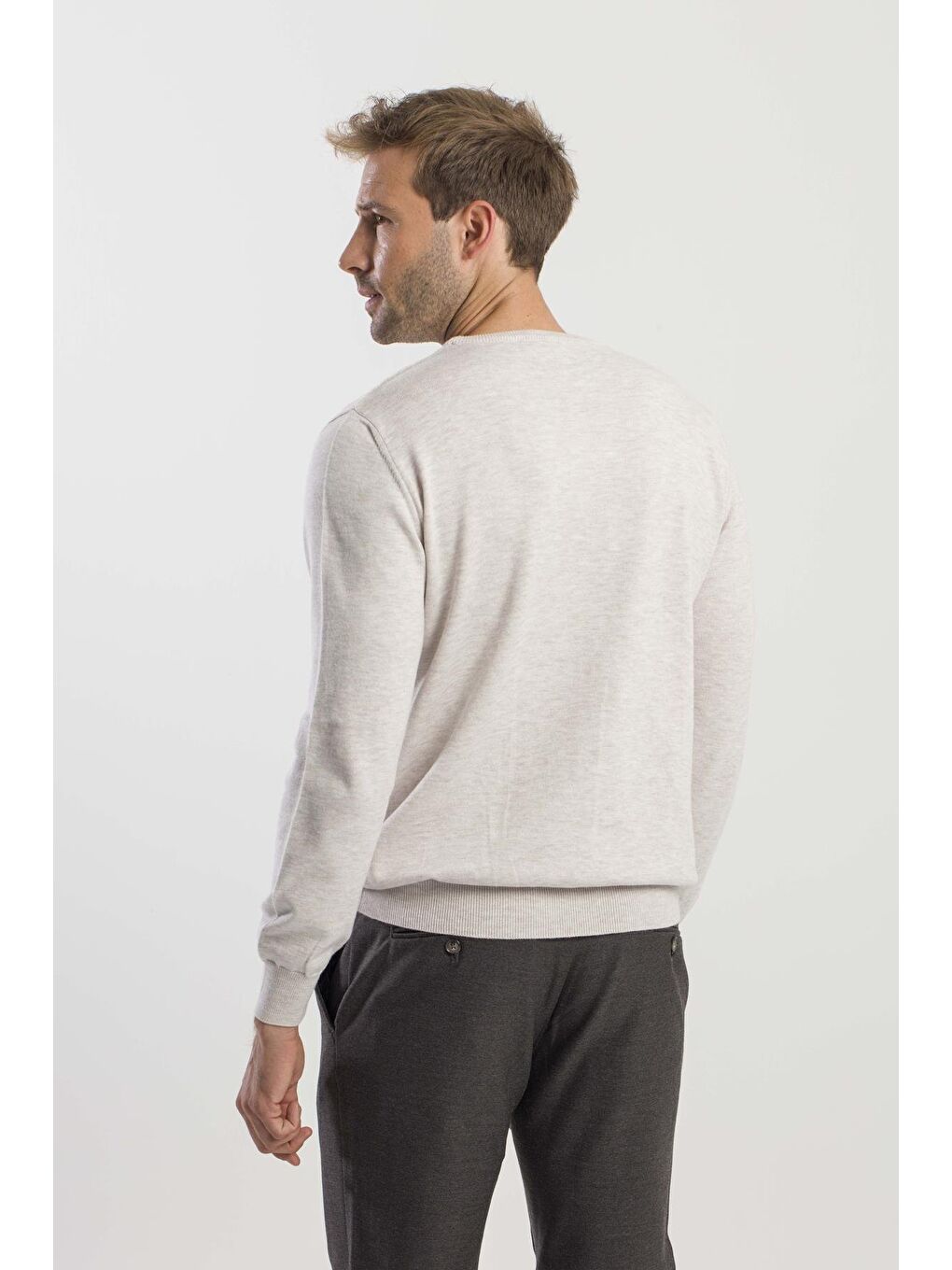 Bej Slim Fit Bisiklet Yaka Triko Kazak-3