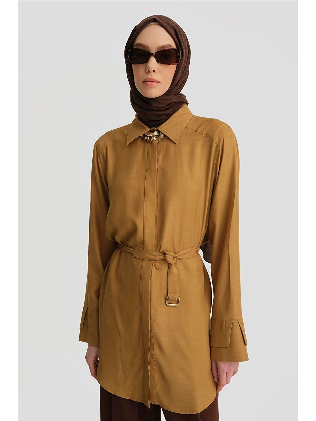 Kahverengi Çift Manşetli Viskon Tunik 25Y4604 Sahra-2