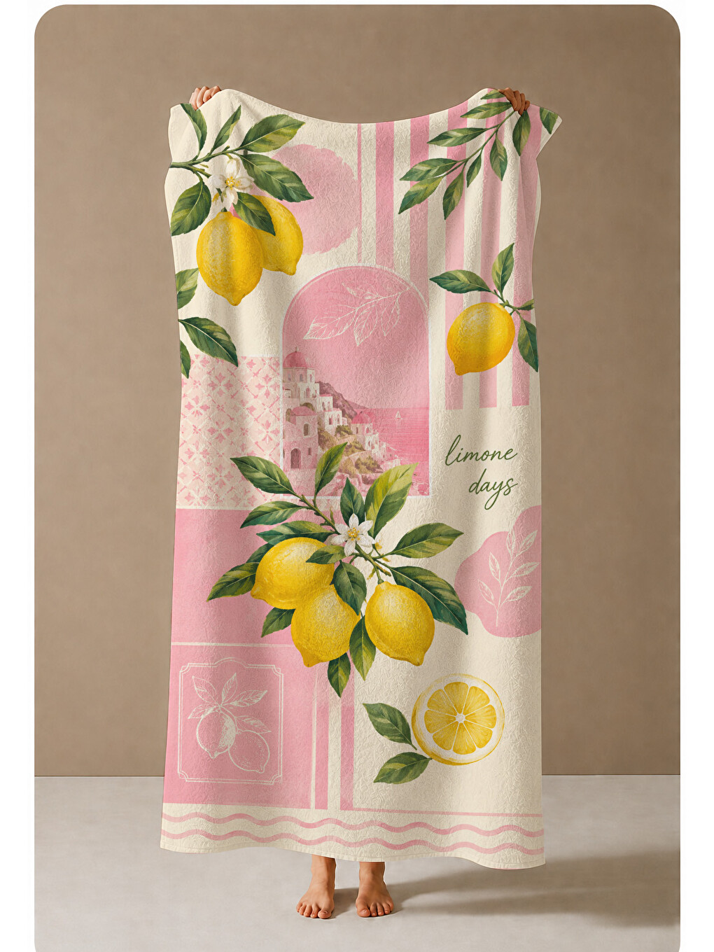 Limon Ve Pembe Çiçek Desenli 70x150 Plaj Havlusu-3