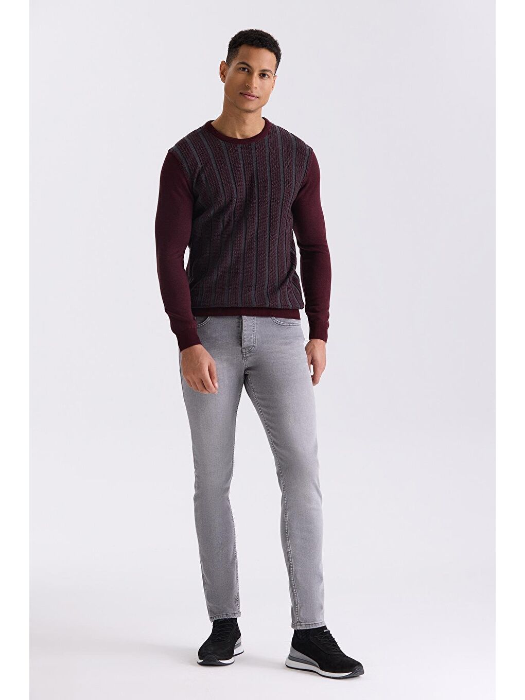 Bordo Slim Fit Bisiklet Yaka Çizgi Desenli Triko Kazak-1