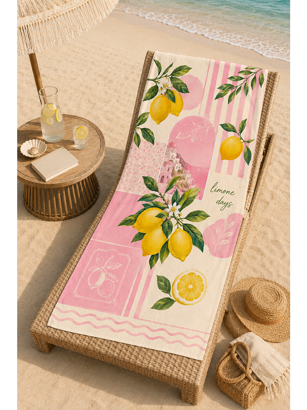Limon Ve Pembe Çiçek Desenli 70x150 Plaj Havlusu-4
