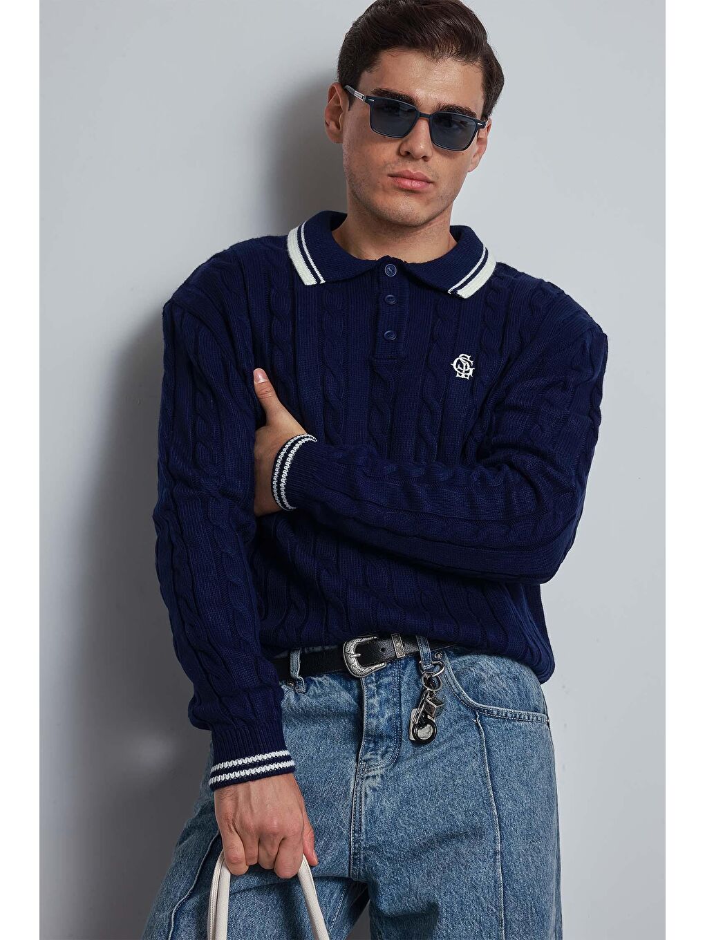 Erkek Oversize Polo Yaka Örgü Desenli Triko Kazak Lacivert-1