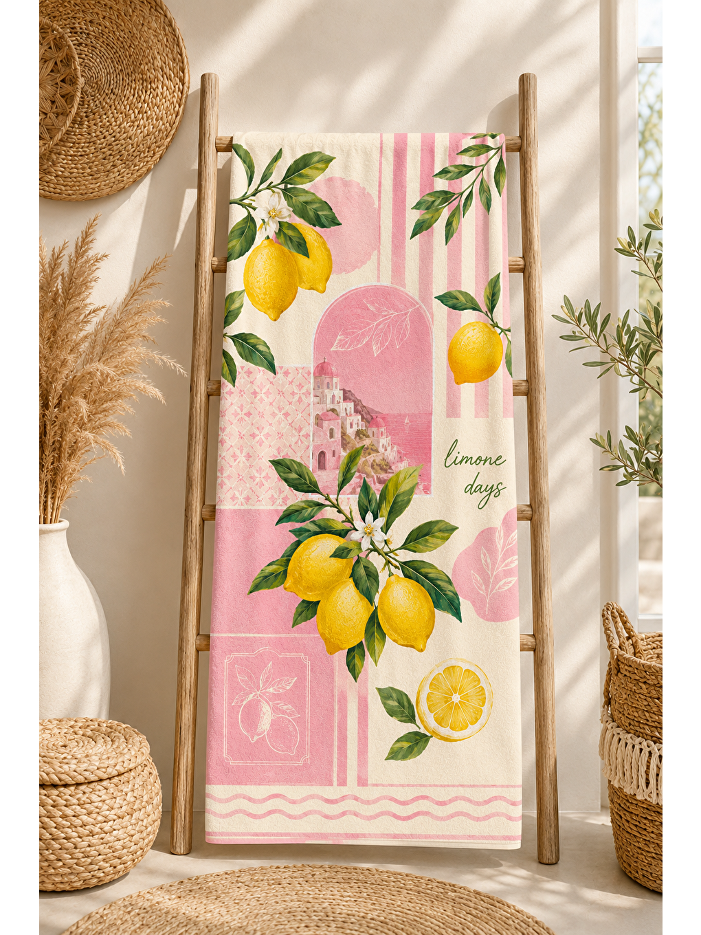 Limon Ve Pembe Çiçek Desenli 70x150 Plaj Havlusu-5