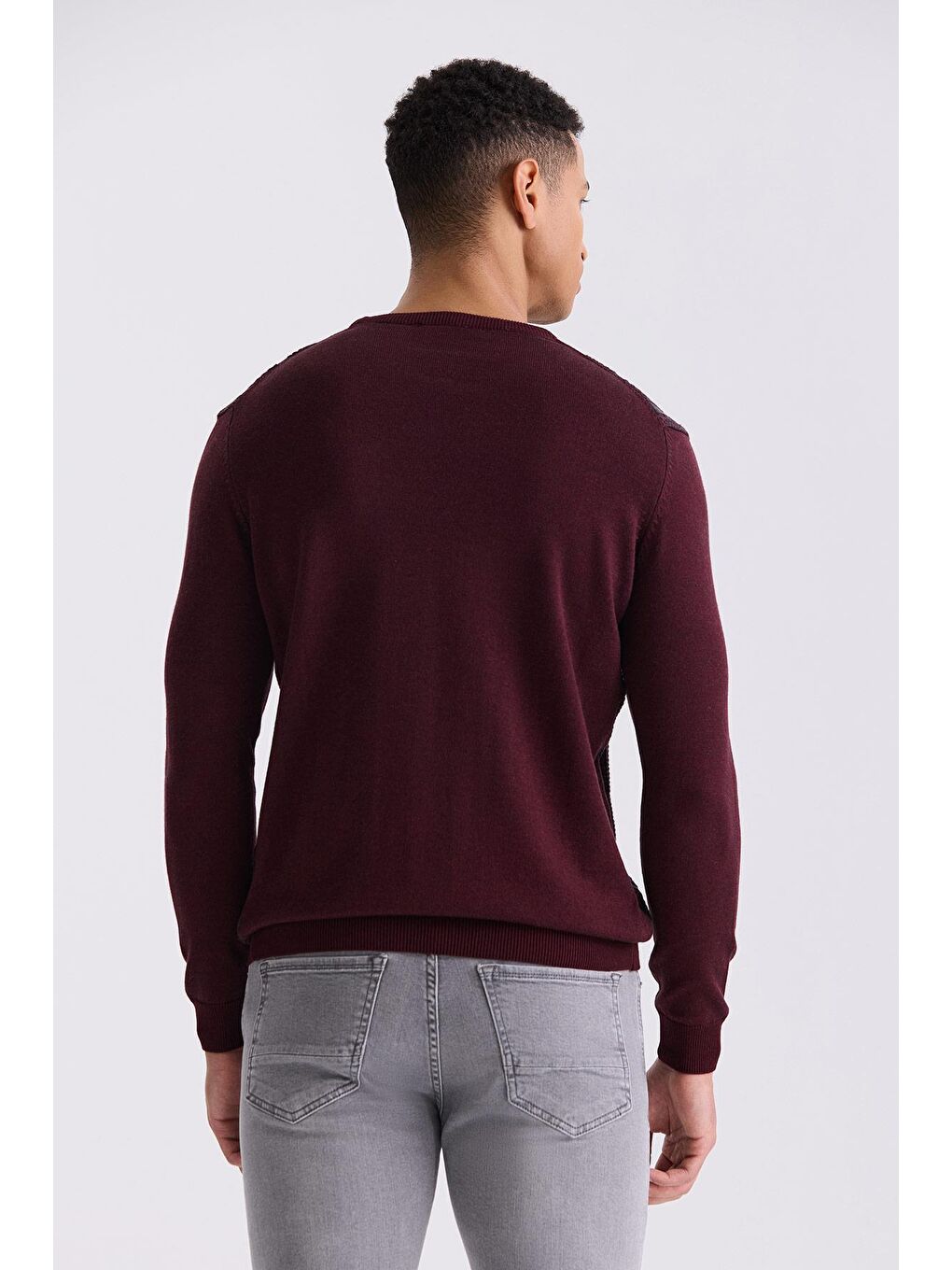 Bordo Slim Fit Bisiklet Yaka Çizgi Desenli Triko Kazak-3