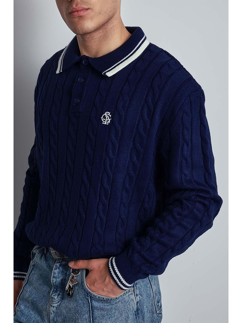 Erkek Oversize Polo Yaka Örgü Desenli Triko Kazak Lacivert-2