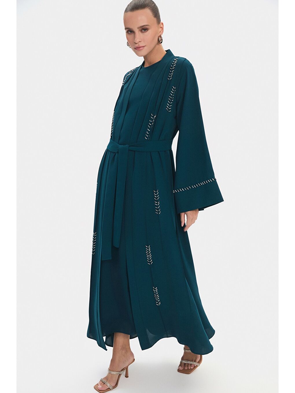 Petrol Kadın Bisiklet Yaka Işleme Detaylı Belden Bağlamalı Abaya-1