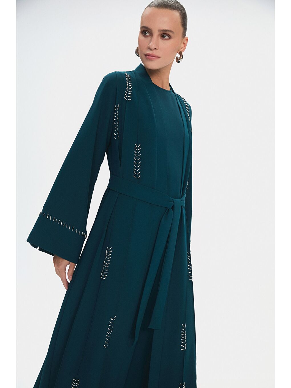 Petrol Kadın Bisiklet Yaka Işleme Detaylı Belden Bağlamalı Abaya-2