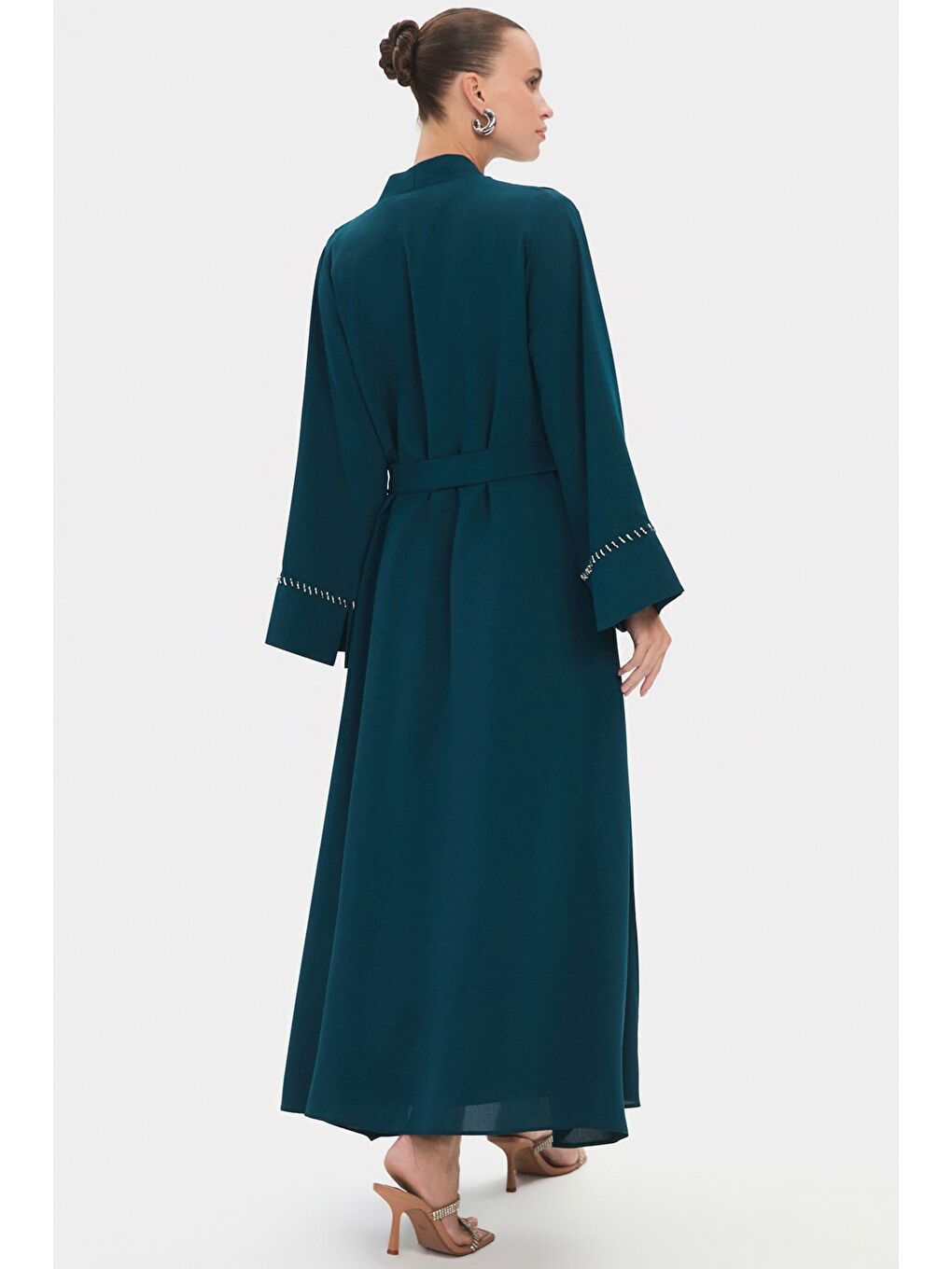 Petrol Kadın Bisiklet Yaka Işleme Detaylı Belden Bağlamalı Abaya-3