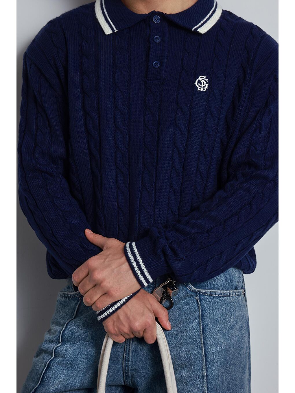 Erkek Oversize Polo Yaka Örgü Desenli Triko Kazak Lacivert-3