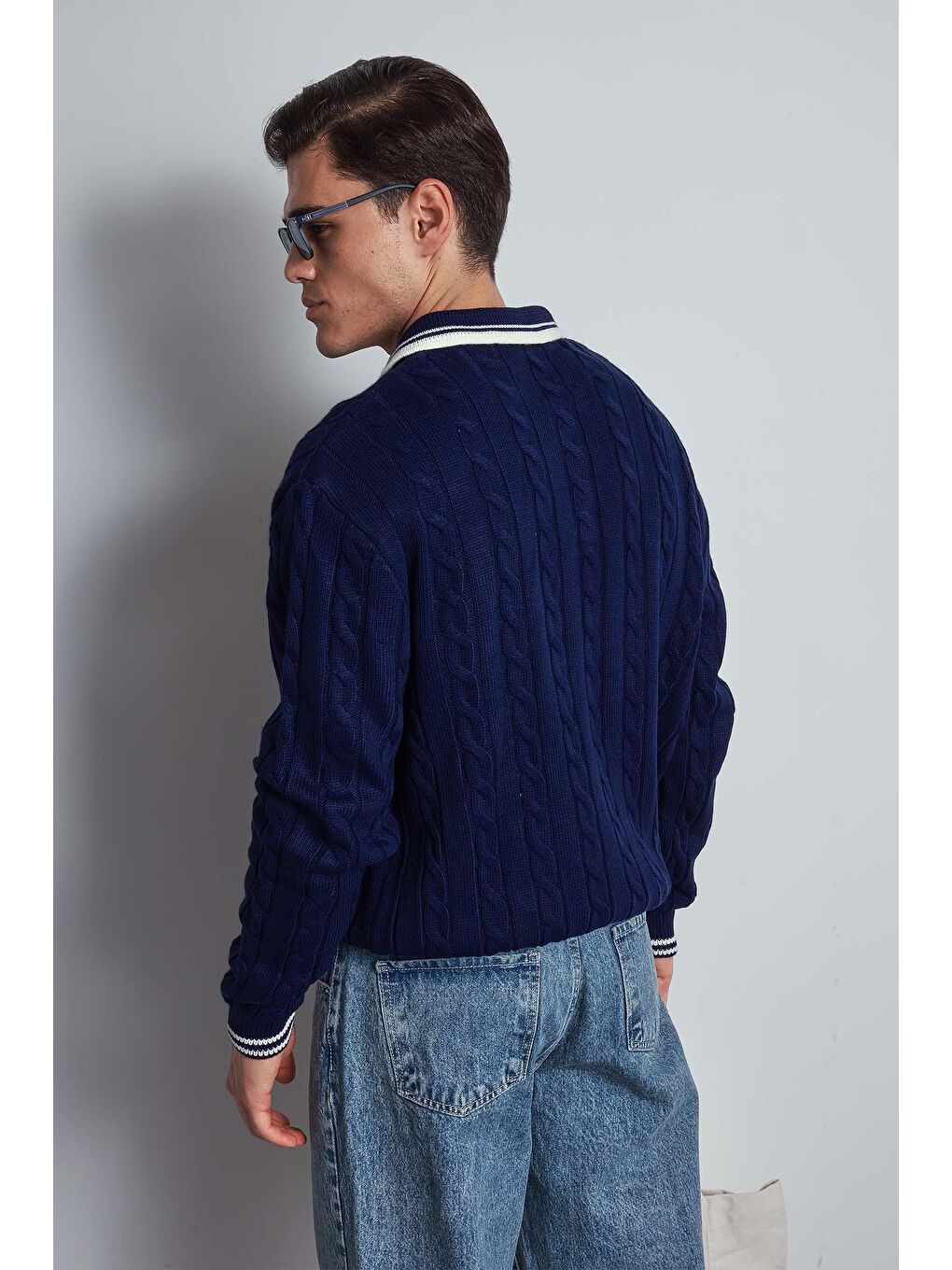 Erkek Oversize Polo Yaka Örgü Desenli Triko Kazak Lacivert-4