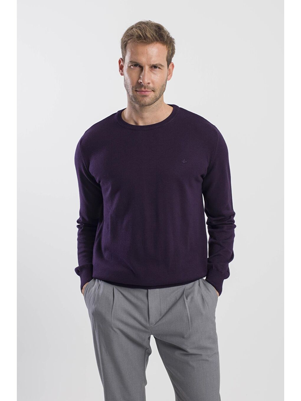 Mor Slim Fit Bisiklet Yaka Triko Kazak-1