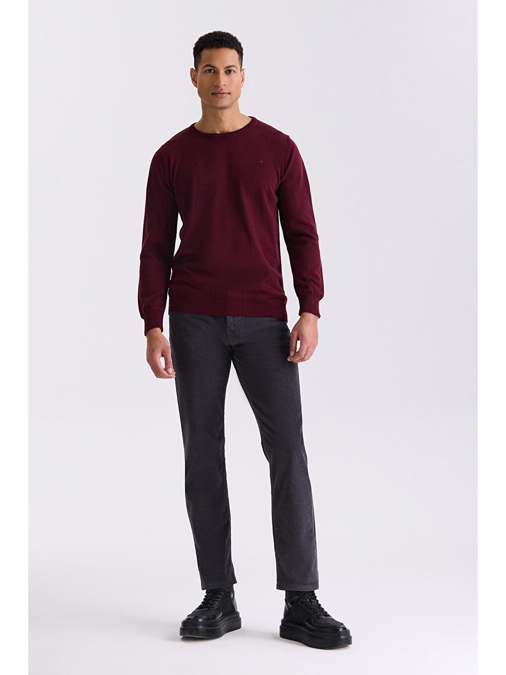Bordo Slim Fit Bisiklet Yaka Triko Kazak-1
