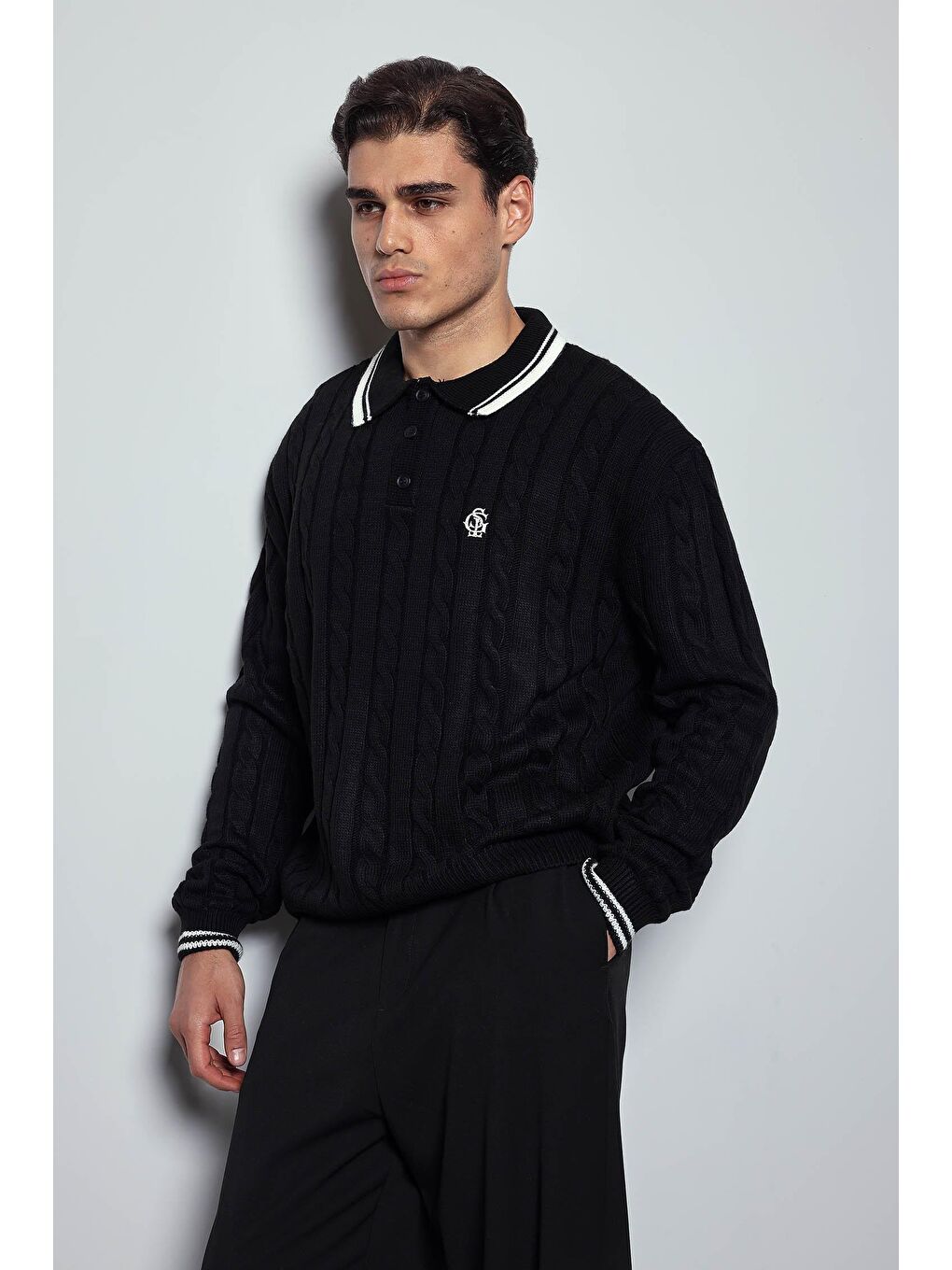 Erkek Oversize Polo Yaka Örgü Desenli Triko Kazak Siyah