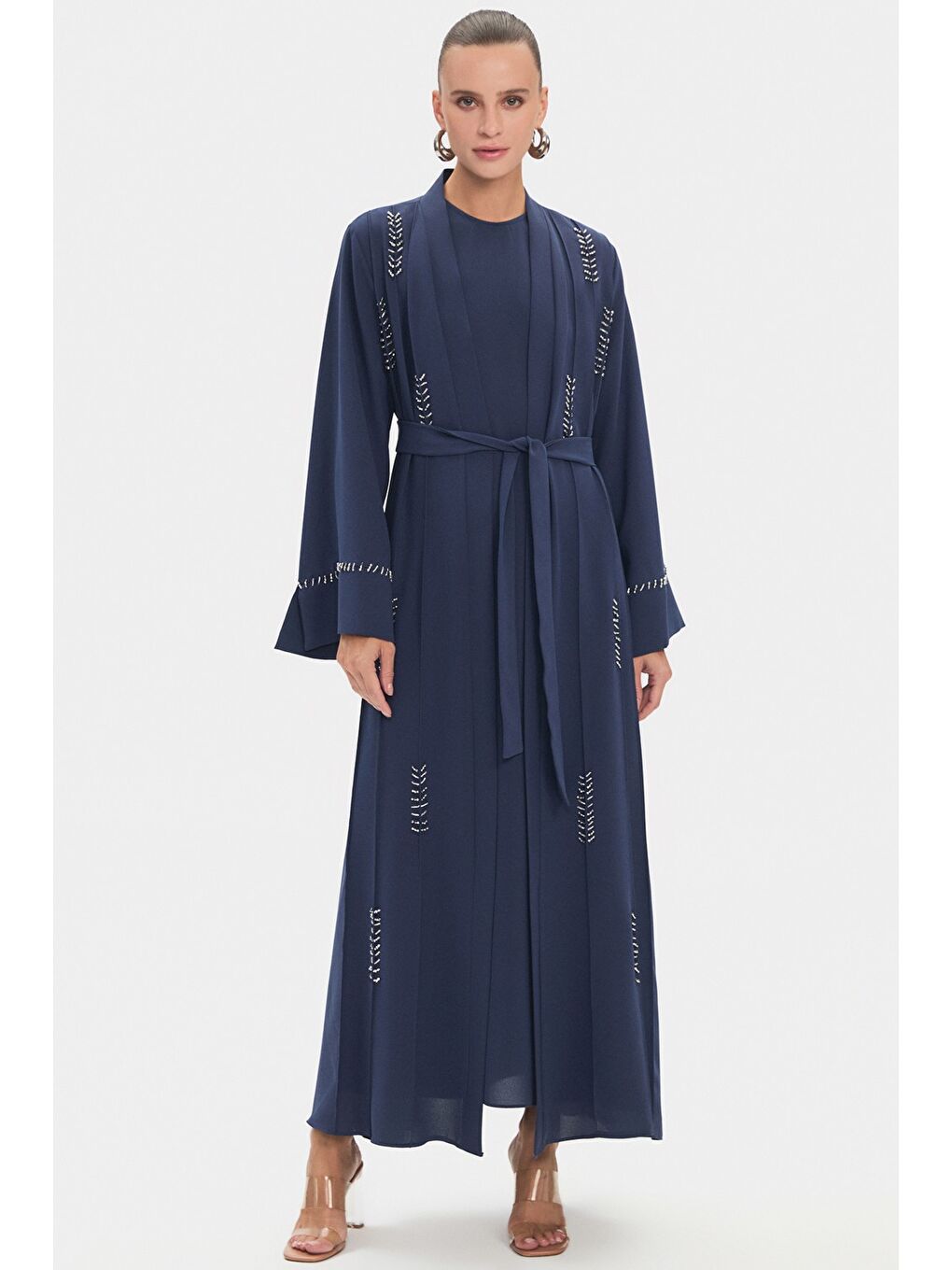 İndigo Kadın Bisiklet Yaka Işleme Detaylı Belden Bağlamalı Abaya