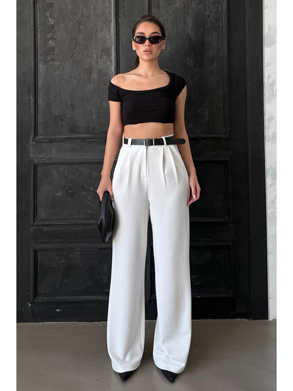 Beyaz Çift Pileli Kemerli Pantolon Mg2330-4