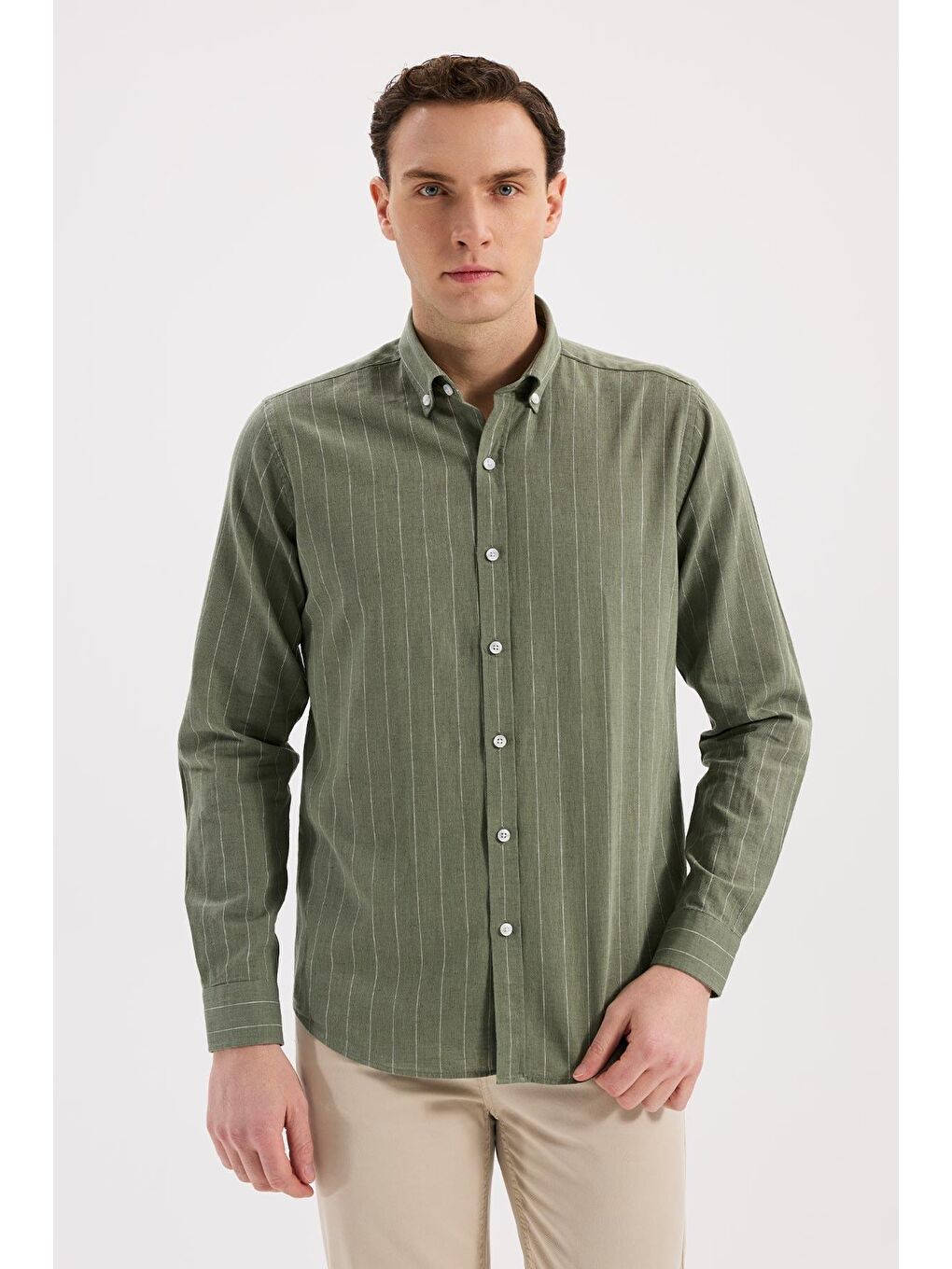 Yeşil Comfort Fit  Düğmeli Yaka Pamuklu Gömlek