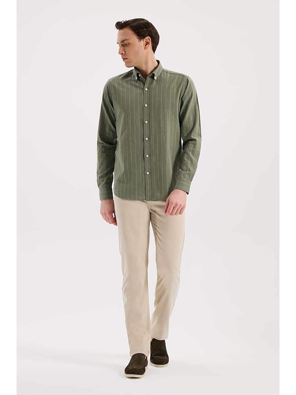 Yeşil Comfort Fit  Düğmeli Yaka Pamuklu Gömlek-1