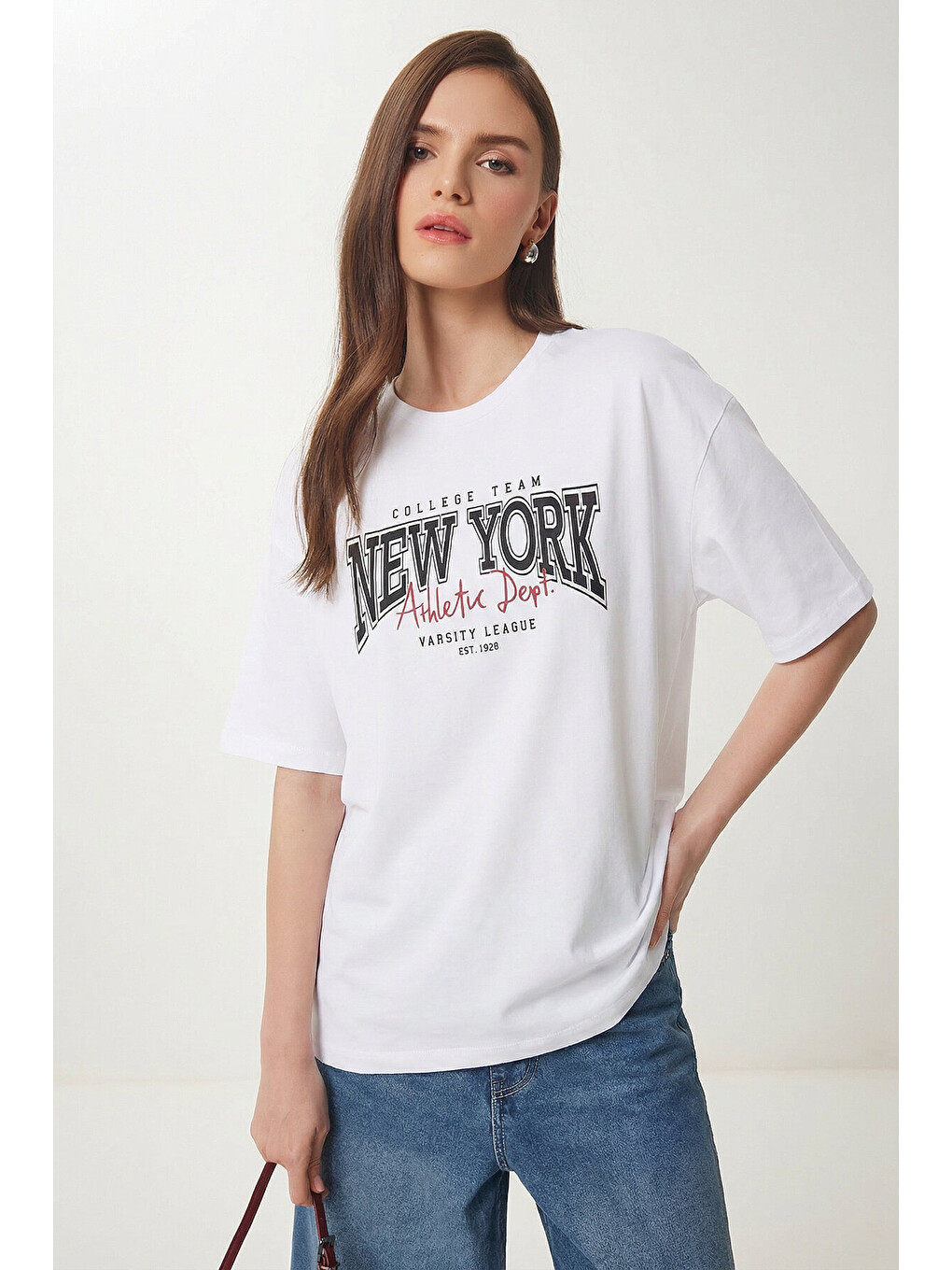 Beyaz Baskılı Oversize Pamuklu Örme T-shirt BEYAZ LZE0003-1