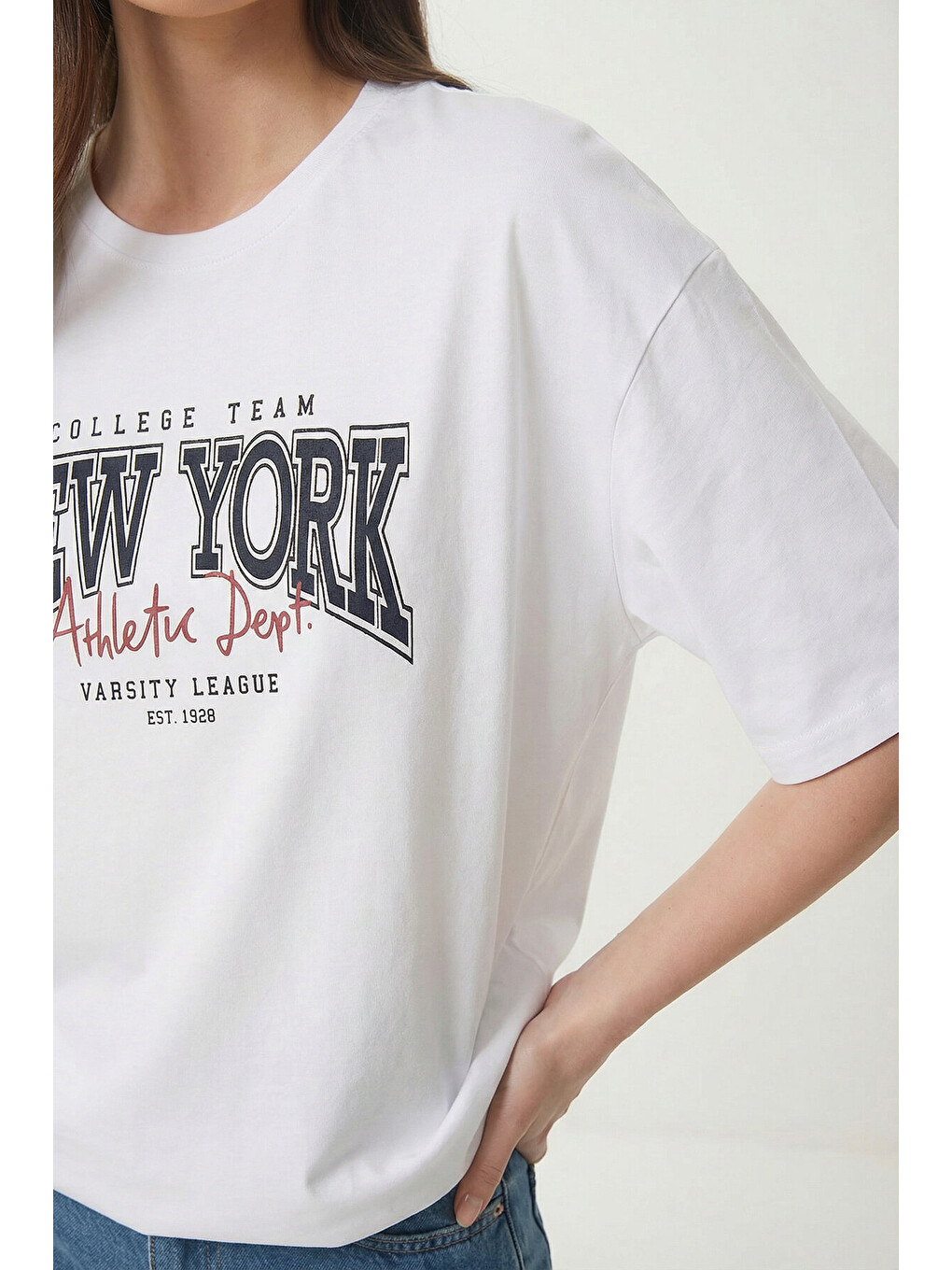 Beyaz Baskılı Oversize Pamuklu Örme T-shirt BEYAZ LZE0003-2